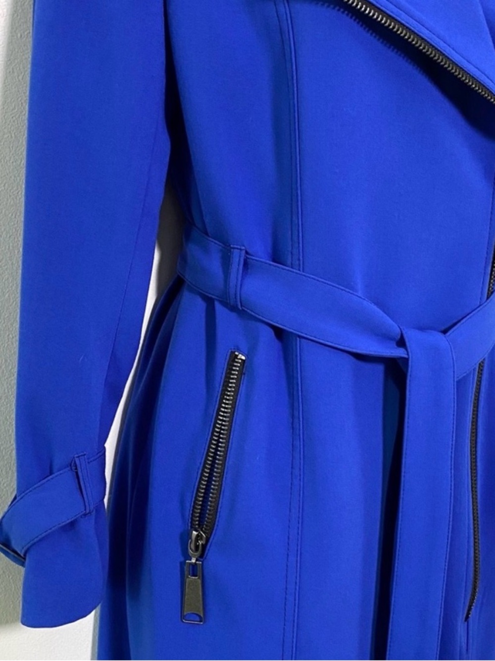 Cobalt Blue Belted Trench Coat with Asymmetric Zip by Insight - Picture 3 of 9